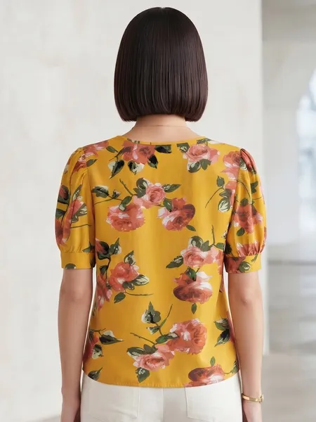 Blusa Feminina Amarela Floral com Manga Princesa - Tam. P
