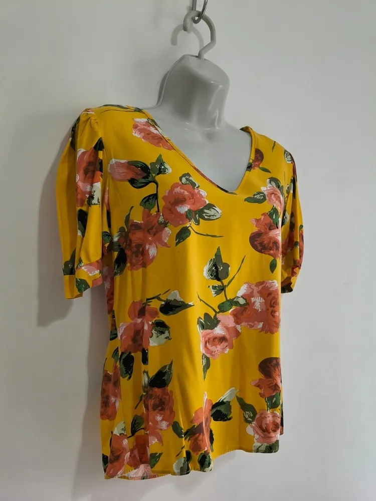 Blusa Feminina Amarela Floral com Manga Princesa - Tam. P