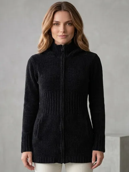 Cardigan Alongado de Tricô Canelado Preto com Capuz - Tam. M