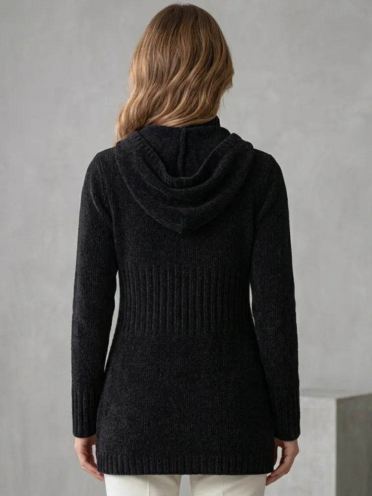 Cardigan Alongado de Tricô Canelado Preto com Capuz - Tam. M