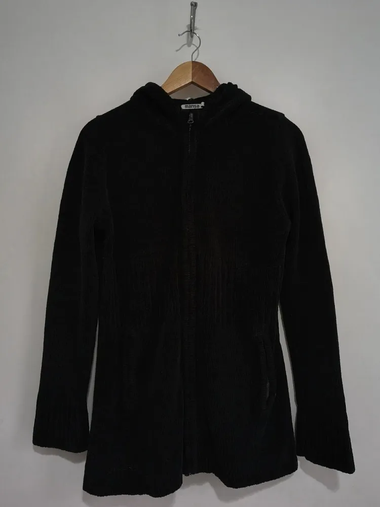Cardigan Alongado de Tricô Canelado Preto com Capuz - Tam. M