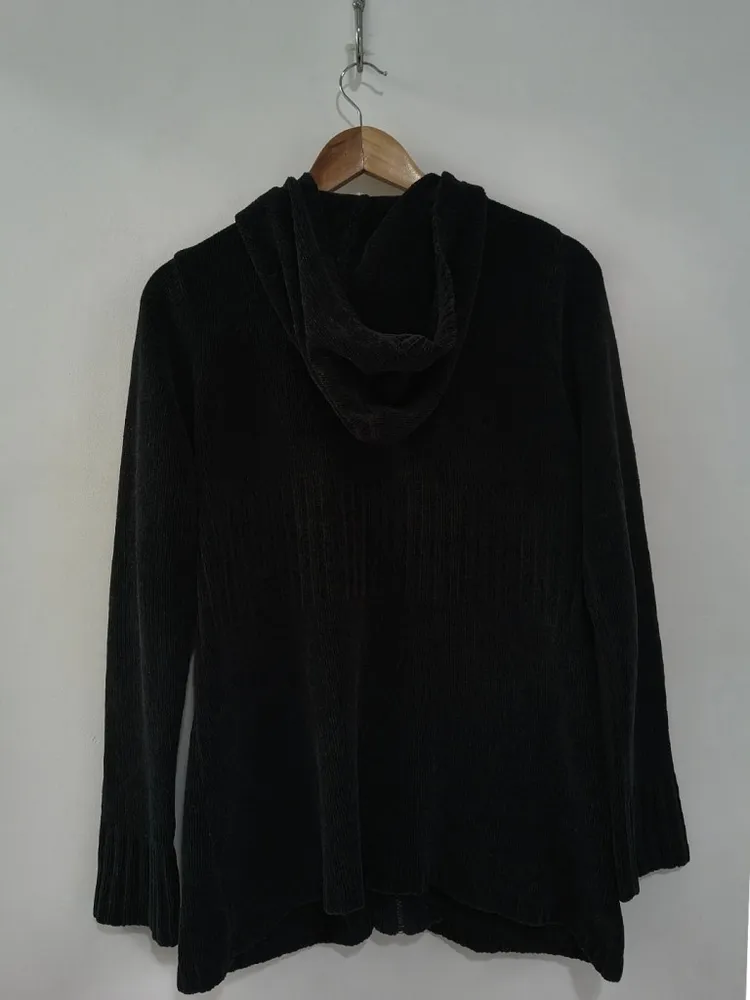 Cardigan Alongado de Tricô Canelado Preto com Capuz - Tam. M