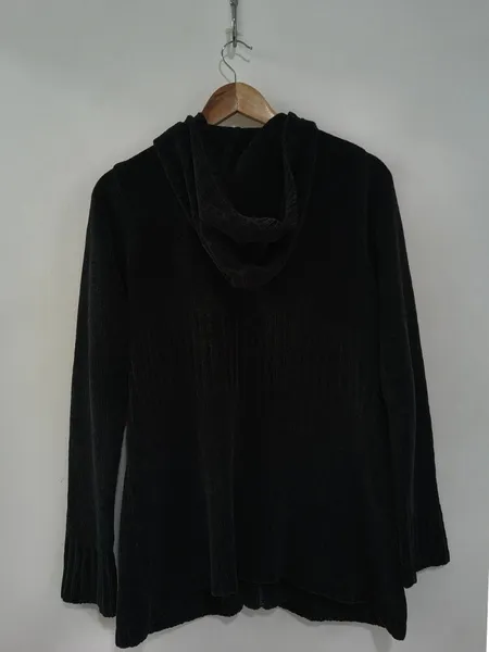 Cardigan Alongado de Tricô Canelado Preto com Capuz - Tam. M