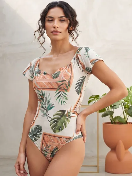 Body Feminino com Bojo e Estampa de Folhagens - Tam. M