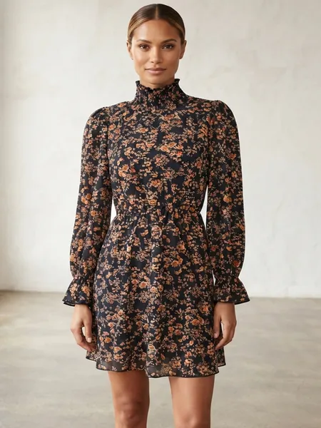 Vestido Azul Marinho Florido com Gola Alta SHEIN - Tam. P