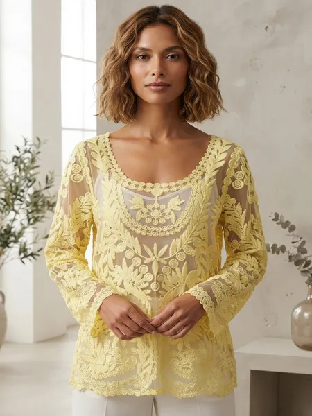 Blusa Amarela de Renda com Transparência Boho - Tam. M