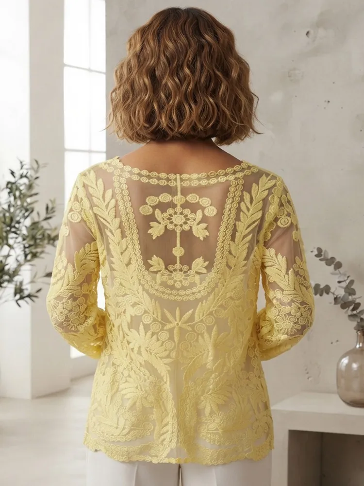 Blusa Amarela de Renda com Transparência Boho - Tam. M