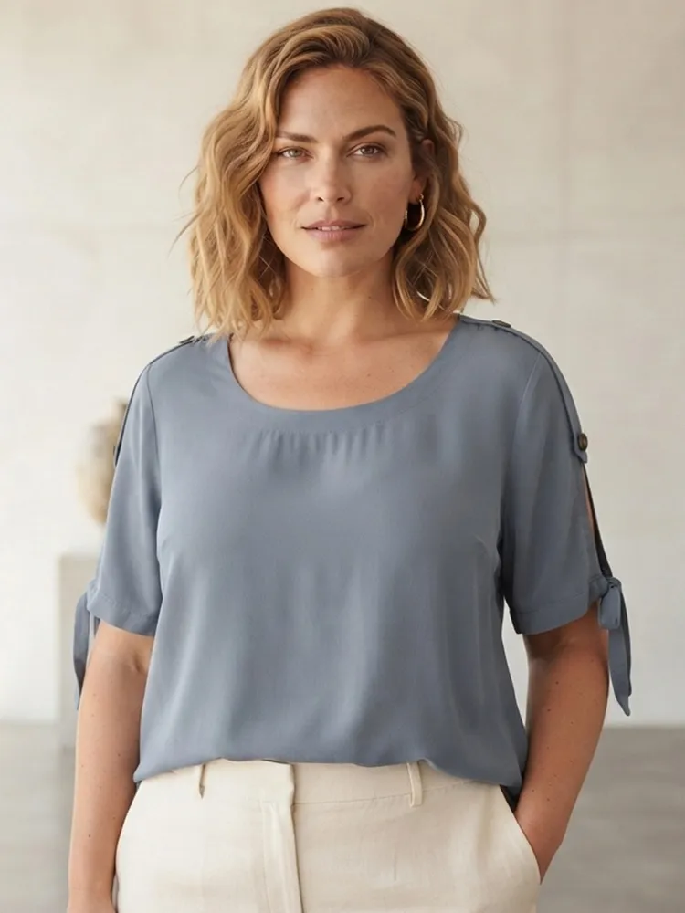 Blusa Feminina Azul com Recorte na Manga - Tam. GG
