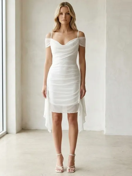 Vestido Branco Curto Com Drapeado e Ombro Caído - Tam. M