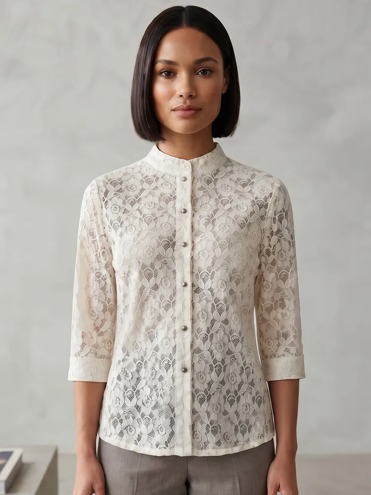 Camisa Femina de Renda Com Manga 3/4 da Yessica - Tam. P