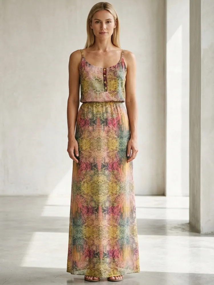 Vestido Longo Acetinado Abstrato da MOB - Tam. M