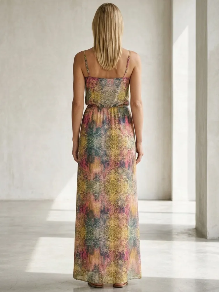 Vestido Longo Acetinado Abstrato da MOB - Tam. M