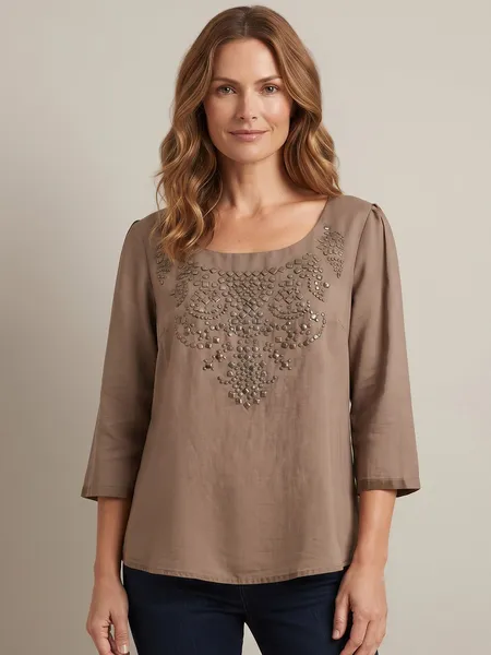 Blusa Feminina Marrom Com Bordado em Pedraria - Tam. P