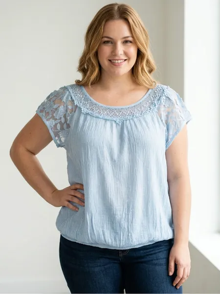 Blusa Feminina Azul com Renda e Manga Brilho - Tam. G
