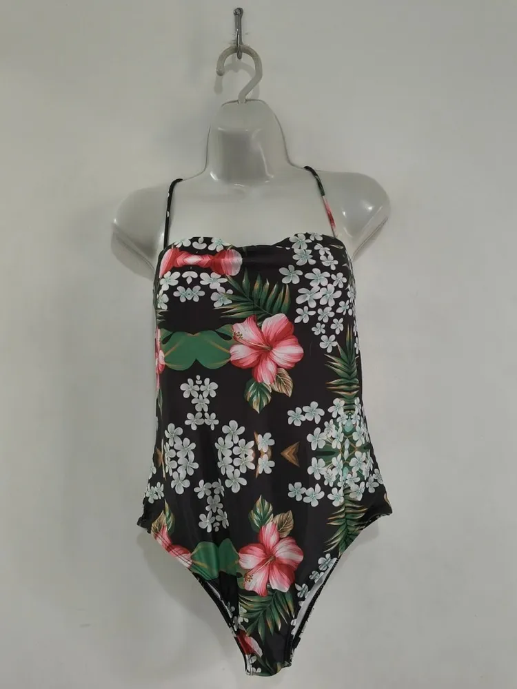 Maiô Preto Floral com Bojo e Alça Removível Novo - Tam. GG