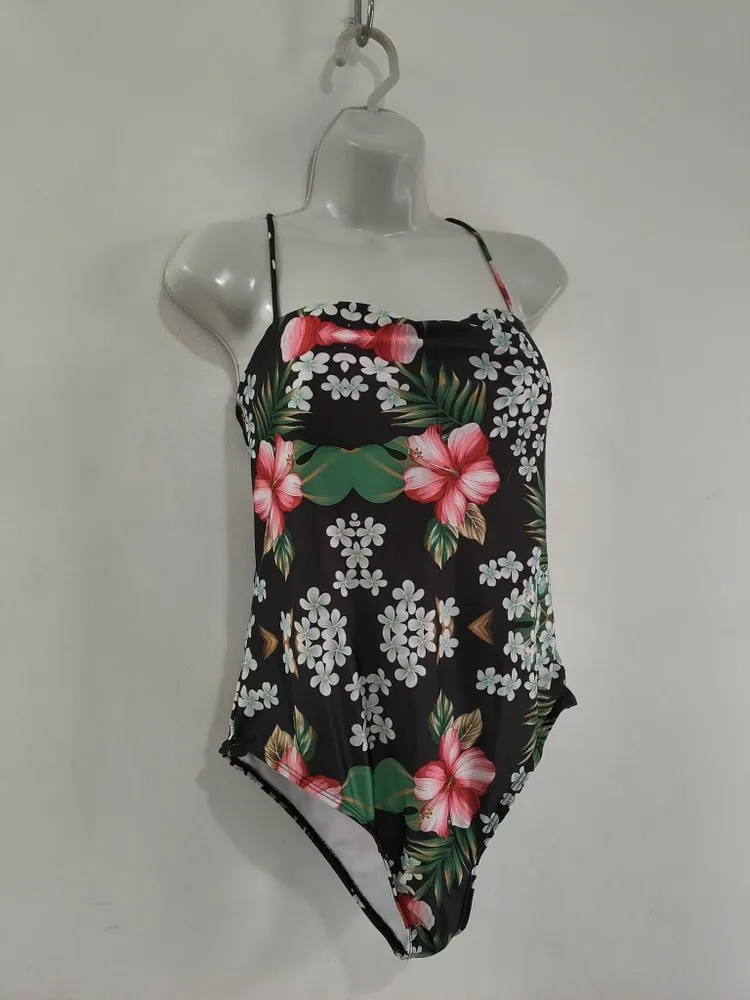 Maiô Preto Floral com Bojo e Alça Removível Novo - Tam. GG