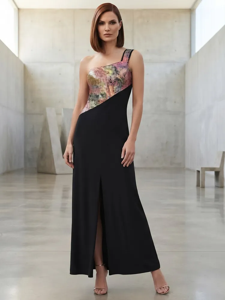 Vestido Lycra Um Ombro Só com Paetê Colorido - Tam. P