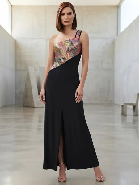 Vestido Lycra Um Ombro Só com Paetê Colorido - Tam. P
