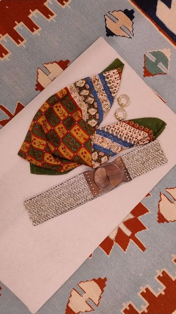 kit boho romance lenço com brinco e cinto artesanal