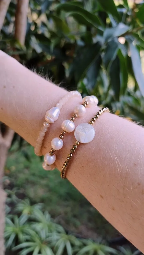 Trio de Pulseiras com Cristaizinhos e Pérolas