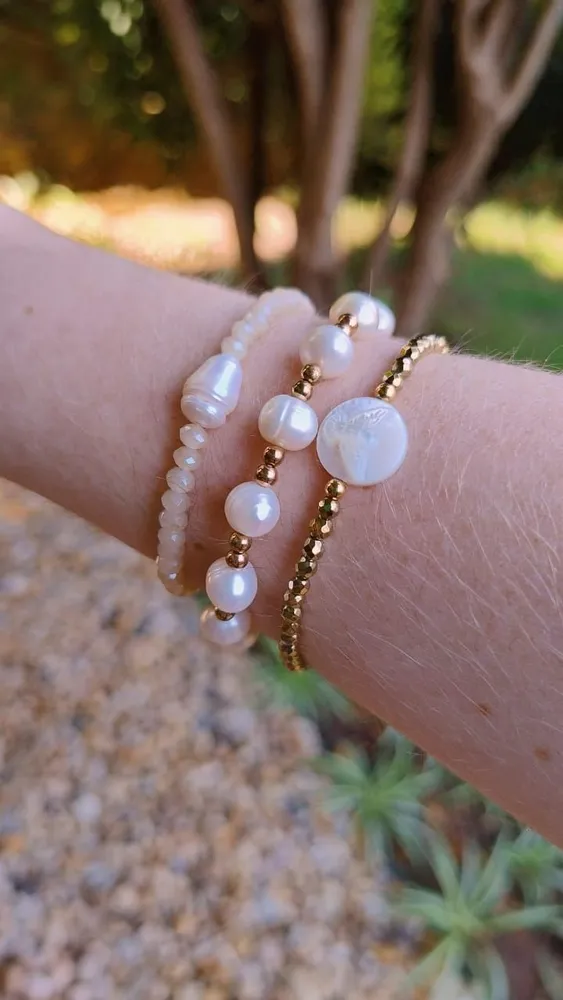 Trio de Pulseiras com Cristaizinhos e Pérolas