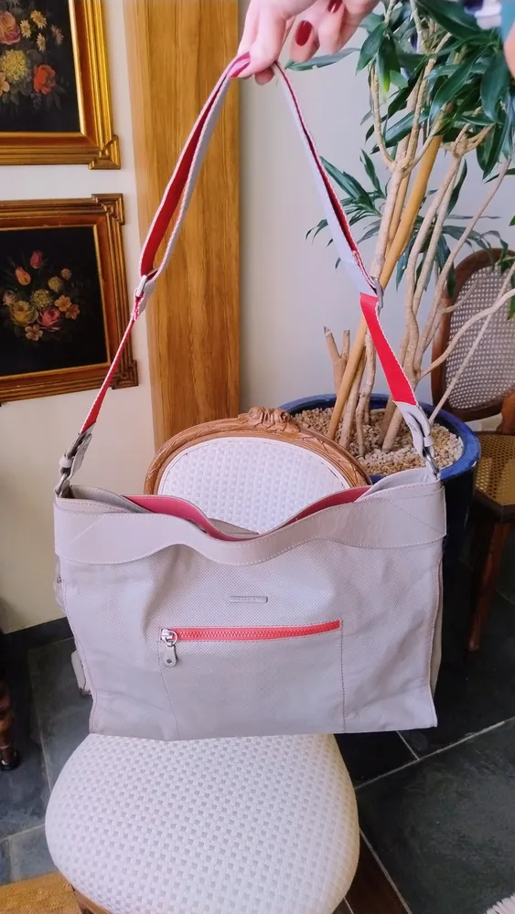 Bolsa Uncle K em Couro Legítimo Cinza com Coral