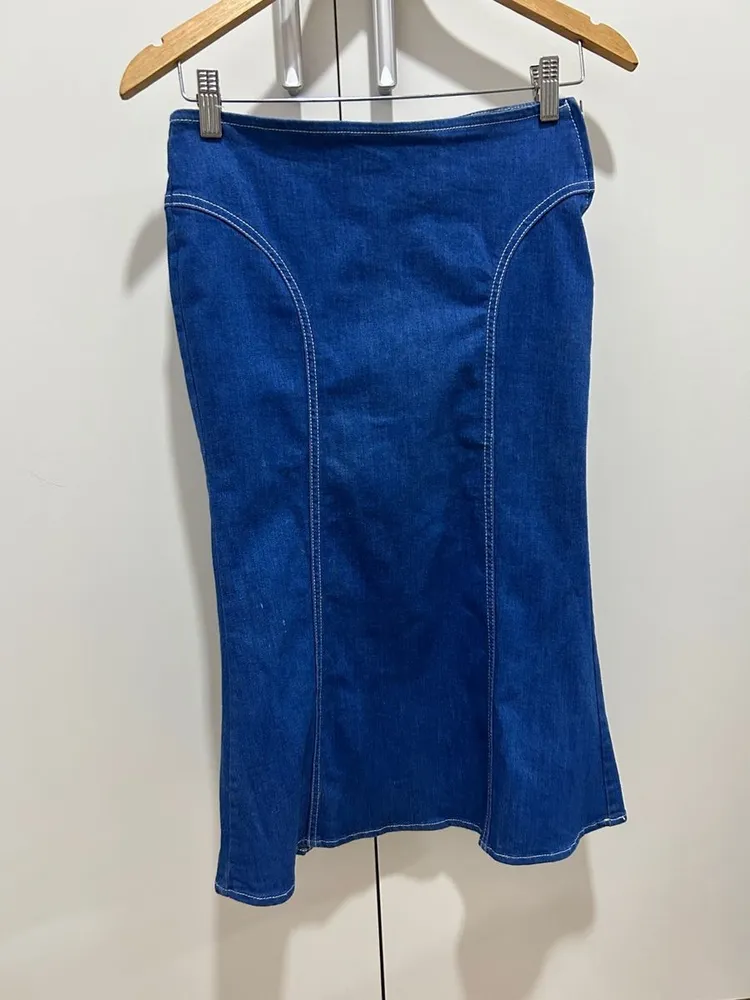 saia jeans sereia tubinho midi folic elegante