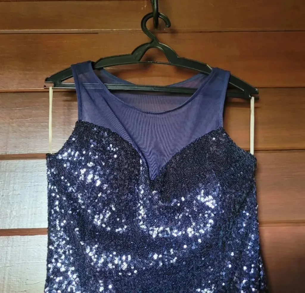 Vestido de Festa Longo Paetê Azul Marinho Sereia Elegante