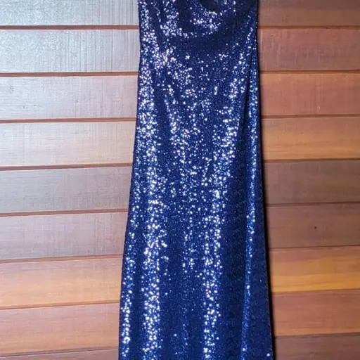 Vestido de Festa Longo Paetê Azul Marinho Sereia Elegante