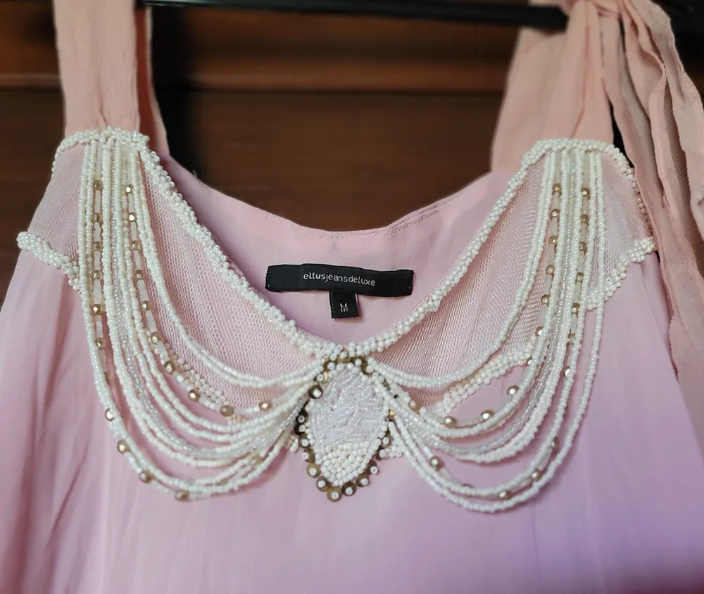 blusa ellus seda rosa chá - bordado pérolas e babados tam m