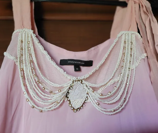 blusa ellus seda rosa chá - bordado pérolas e babados tam m