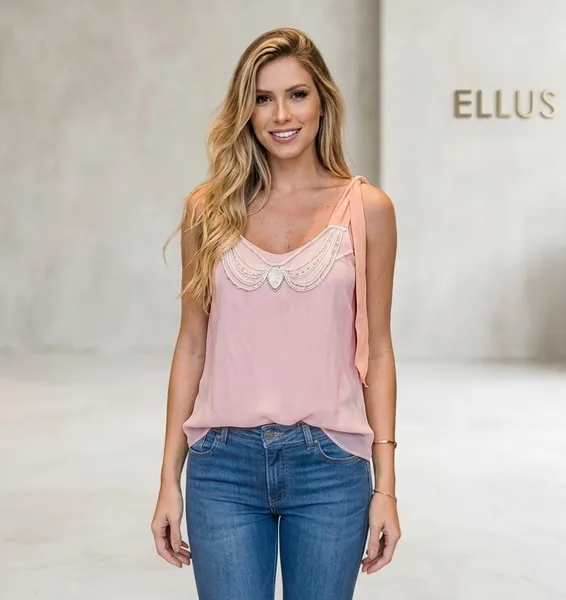 blusa ellus seda rosa chá - bordado pérolas e babados tam m
