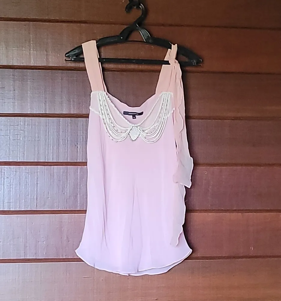 blusa ellus seda rosa chá - bordado pérolas e babados tam m