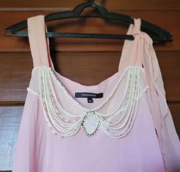 blusa ellus seda rosa chá - bordado pérolas e babados tam m