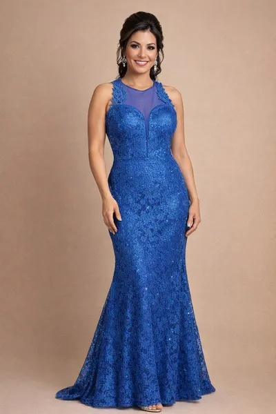 vestido de festa Azul renda , com detalhe no busto