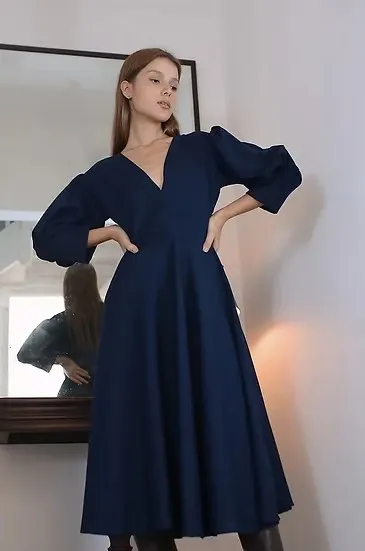 Vestido longo rodado azul escuro Agnes Co. - M