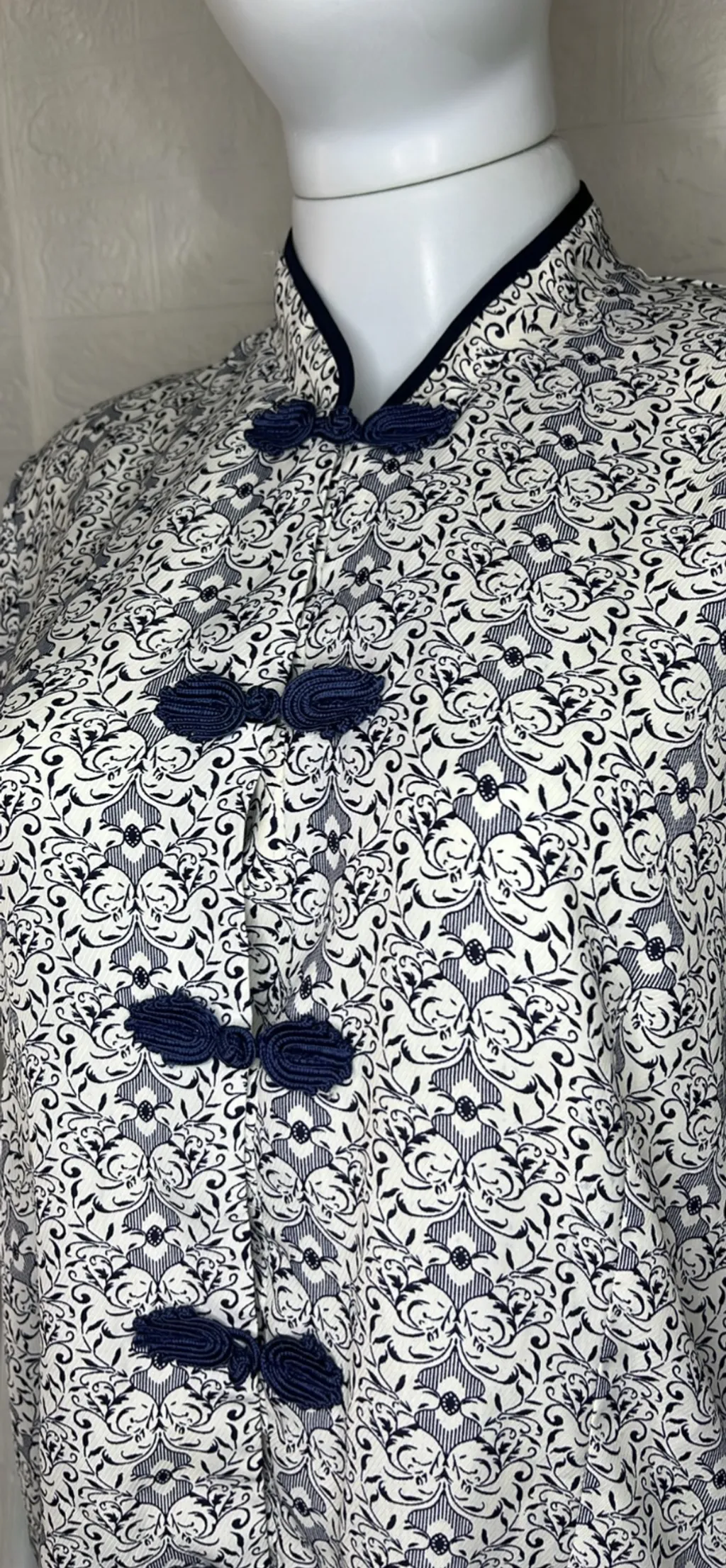 Camisa chinesa feminina, manga curta, branco e azul marinho