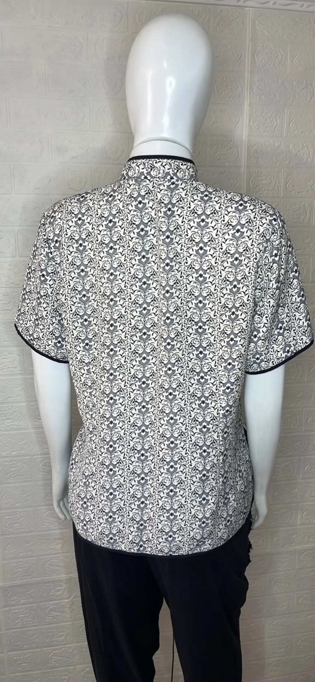 Camisa chinesa feminina, manga curta, branco e azul marinho