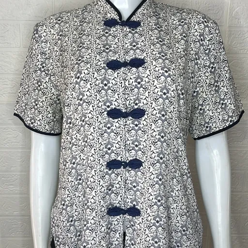 Camisa chinesa feminina, manga curta, branco e azul marinho