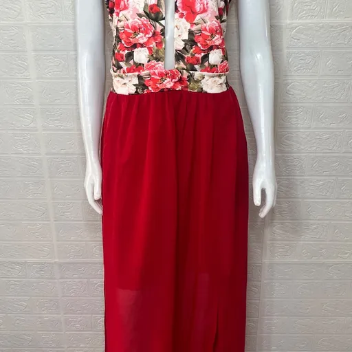 Vestido feminino longo plus size vermelho com estampa floral, po