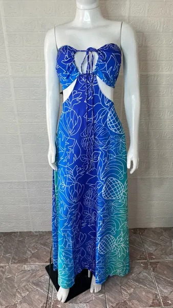 Vestido longo tomara que caia azul estampado. (novo)