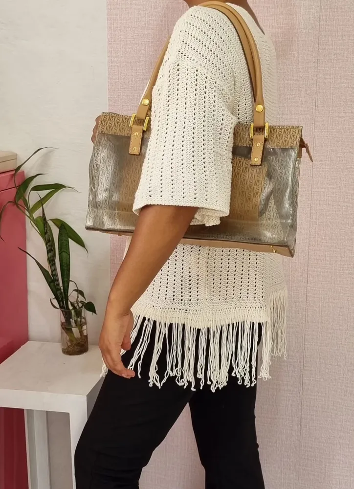 Bolsa Monica Sanches em verniz e couro bege