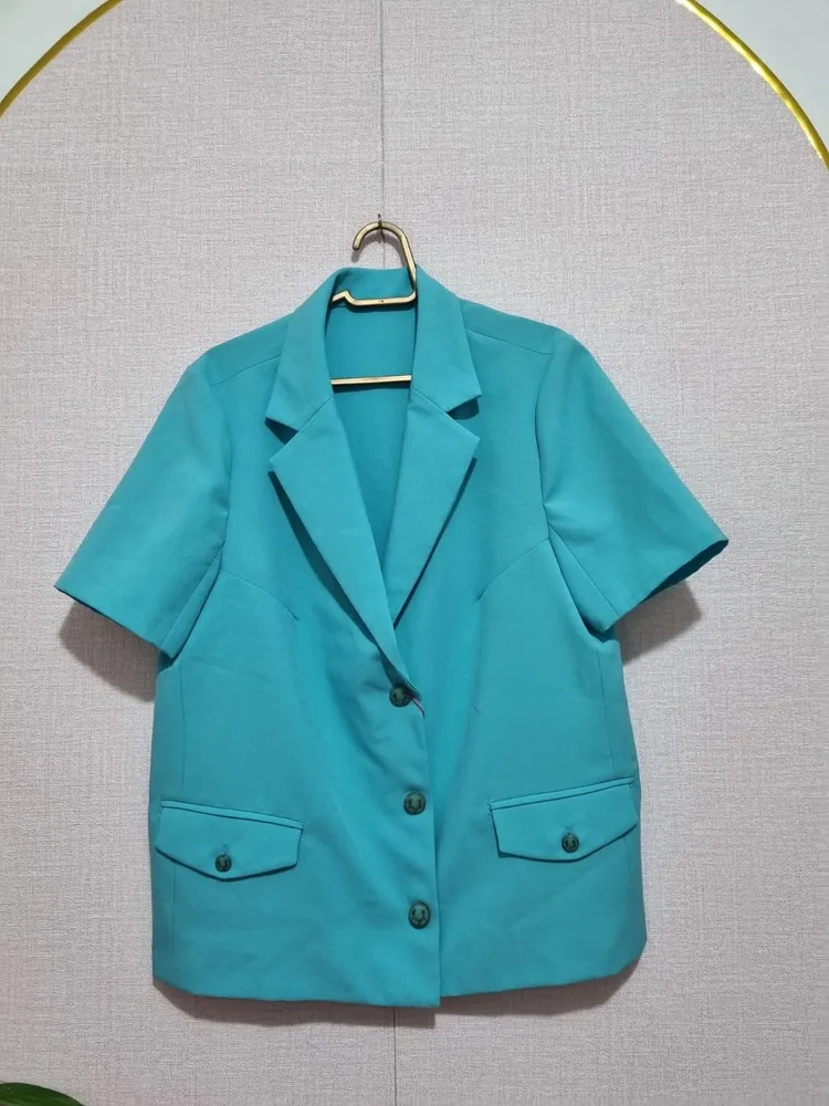 blazer feminino manga curta azul celeste