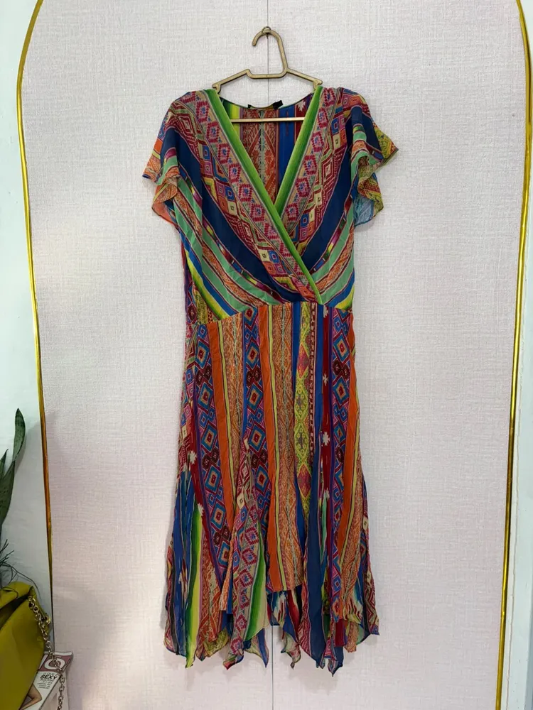vestido de seda colorido e assimetrico ralph lauren