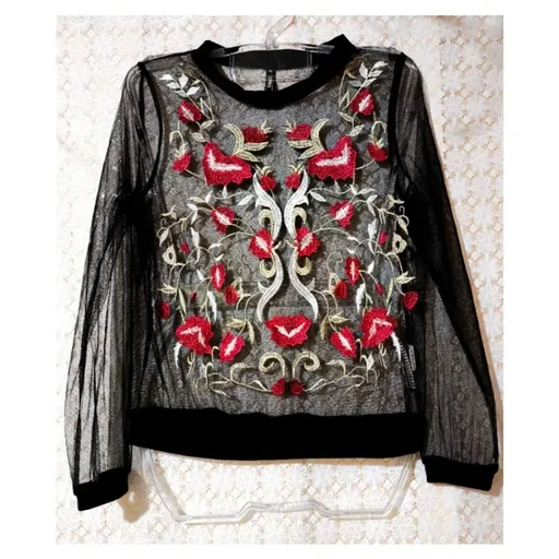 Blusa tule preta bordado floral manga longa