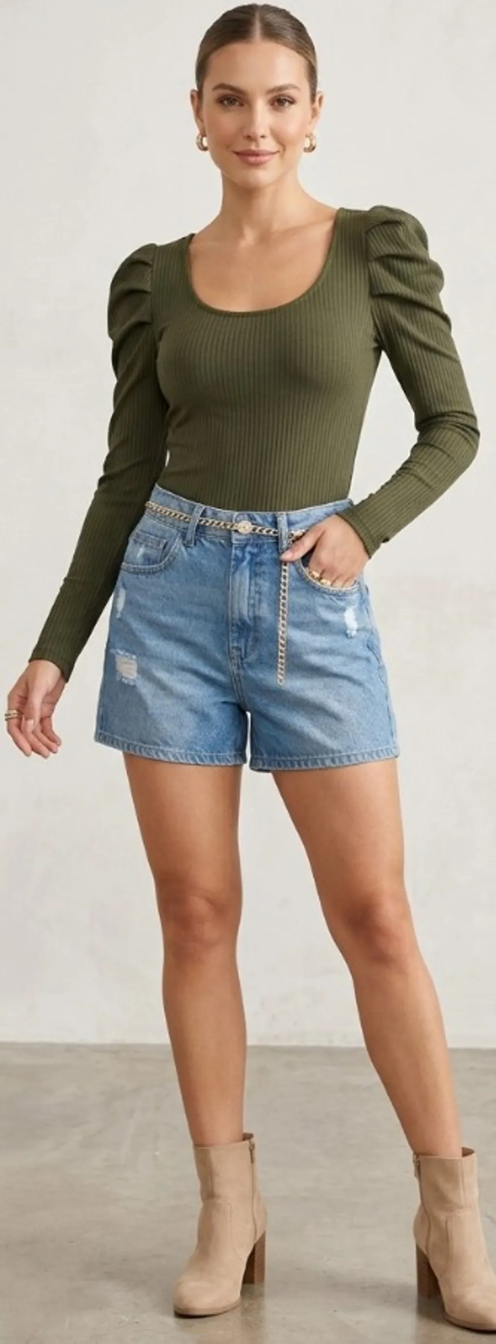 Body verde oliva manga longa canelada feminino estilo princesa