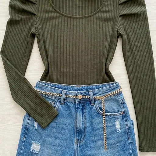 Body verde oliva manga longa canelada feminino estilo princesa