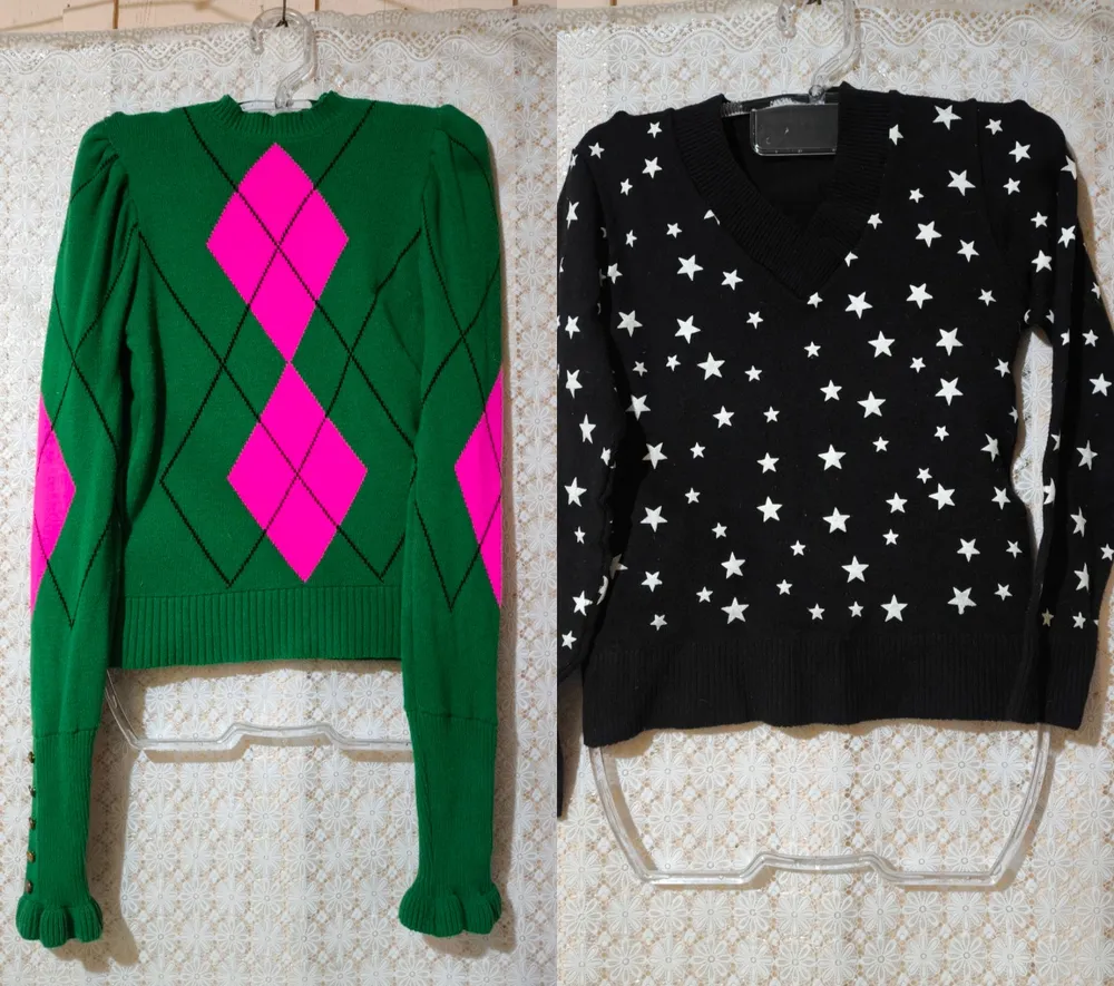 Lote de blusa p de lã, oreta e verde manga princesa