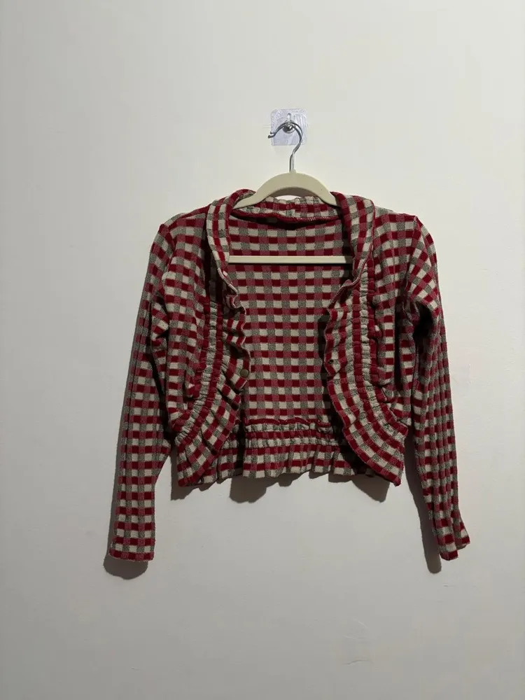 bolero vintage xadrez, vermelho e bege