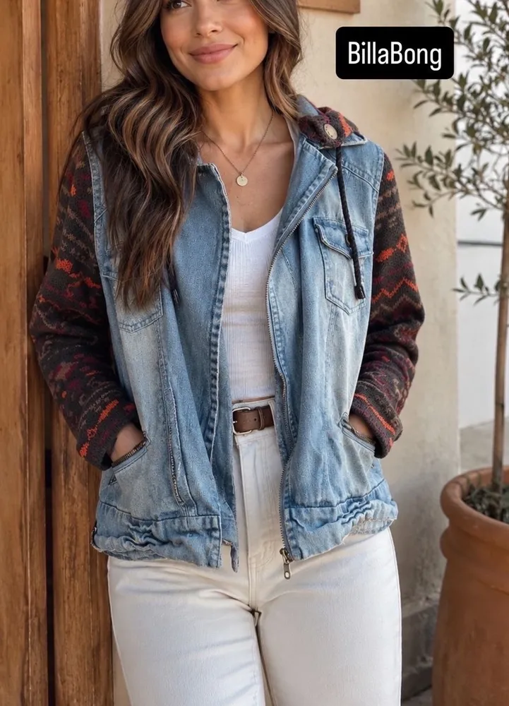 jaqueta jeans com capauz e mangas em lã BILLABONG tam g